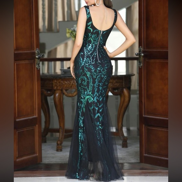 Luxe mermaid hem prom party formal mesh insert sequins gown dress - Picture 2 of 6